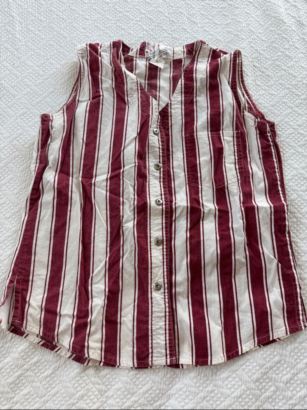Vintage Striped Sleeveless Button-Front Top in Burgundy and White